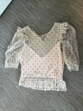 Zara Blush Pink Polka Dot Mesh Puff Sleeve Top